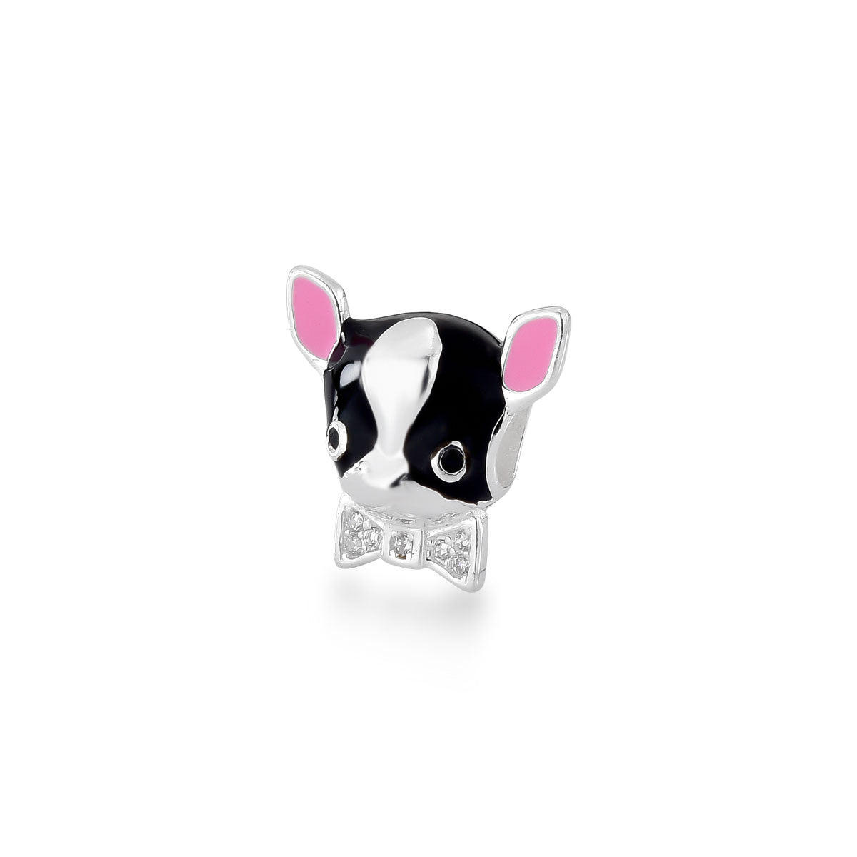 Berloque  Luza Cachorro Esmaltado Preto com Detalhes Rosa e de Zircônia em Prata 925