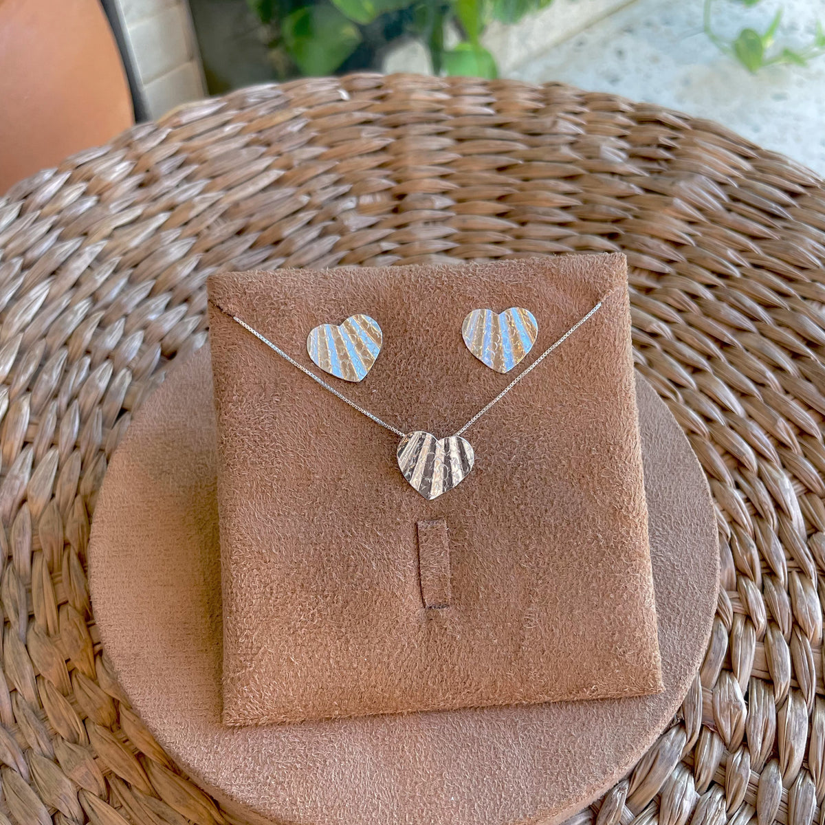 Conjunto Orgânico de Coração Diamantado em Prata 925