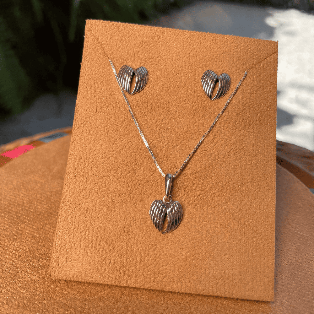 Conjunto Luza Asas em Formato de Coração em Prata 925 Envelhecida