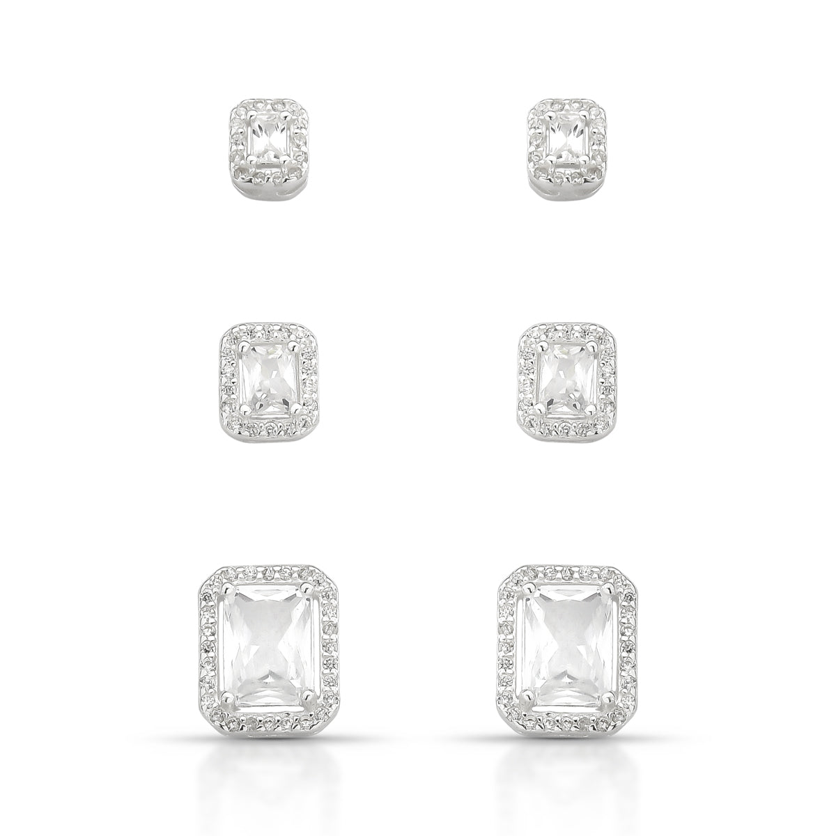 Brinco Trio Luza Quadrado com Pedra Cristal e Detalhe de Zirconia Prata 925