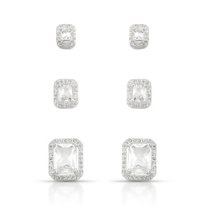 Brinco Trio Luza Quadrado com Pedra Cristal e Detalhe de Zirconia Prata 925