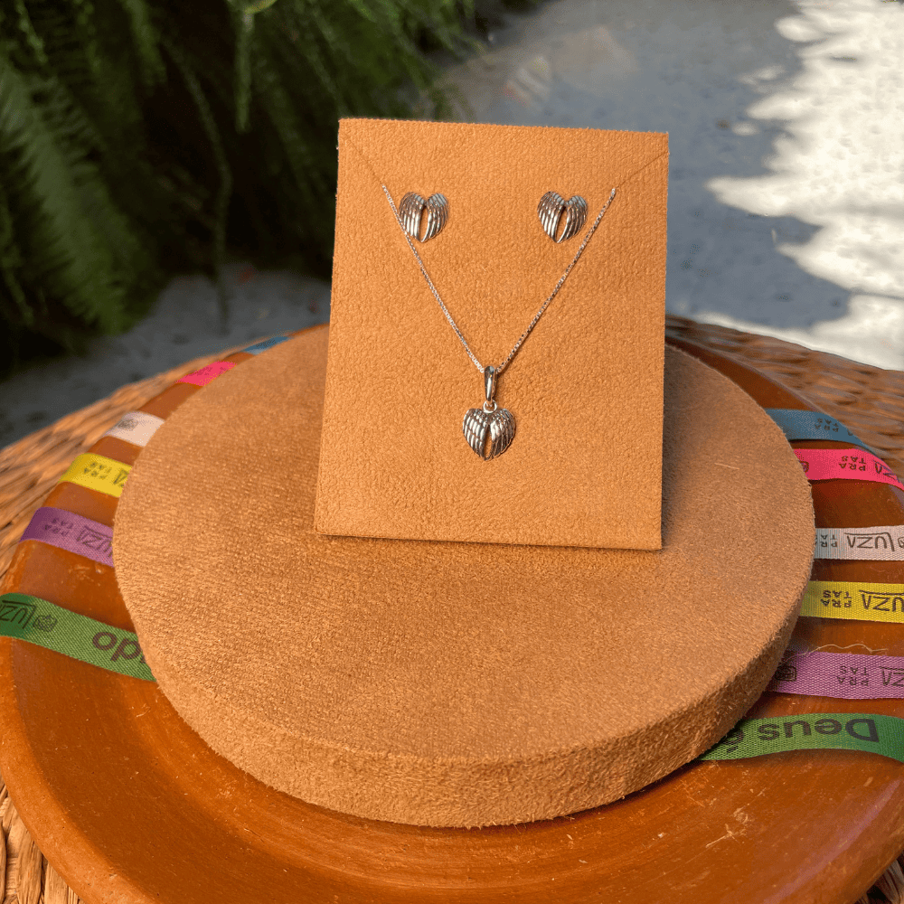 Conjunto Luza Asas em Formato de Coração em Prata 925 Envelhecida