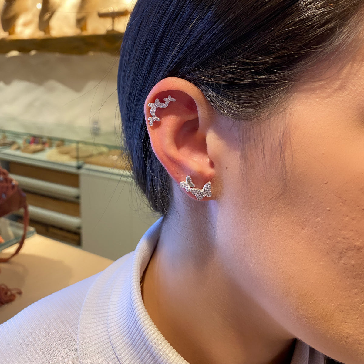 Dupla de Brincos + Ear Hook  Luza de Borboletas Cravejadas em Prata 925