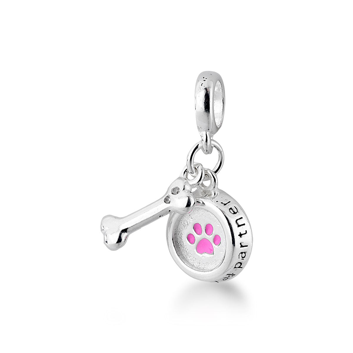 Berloque Pet com Osso, Comedouro e Frase Parceiro Leal Luza em Prata 925