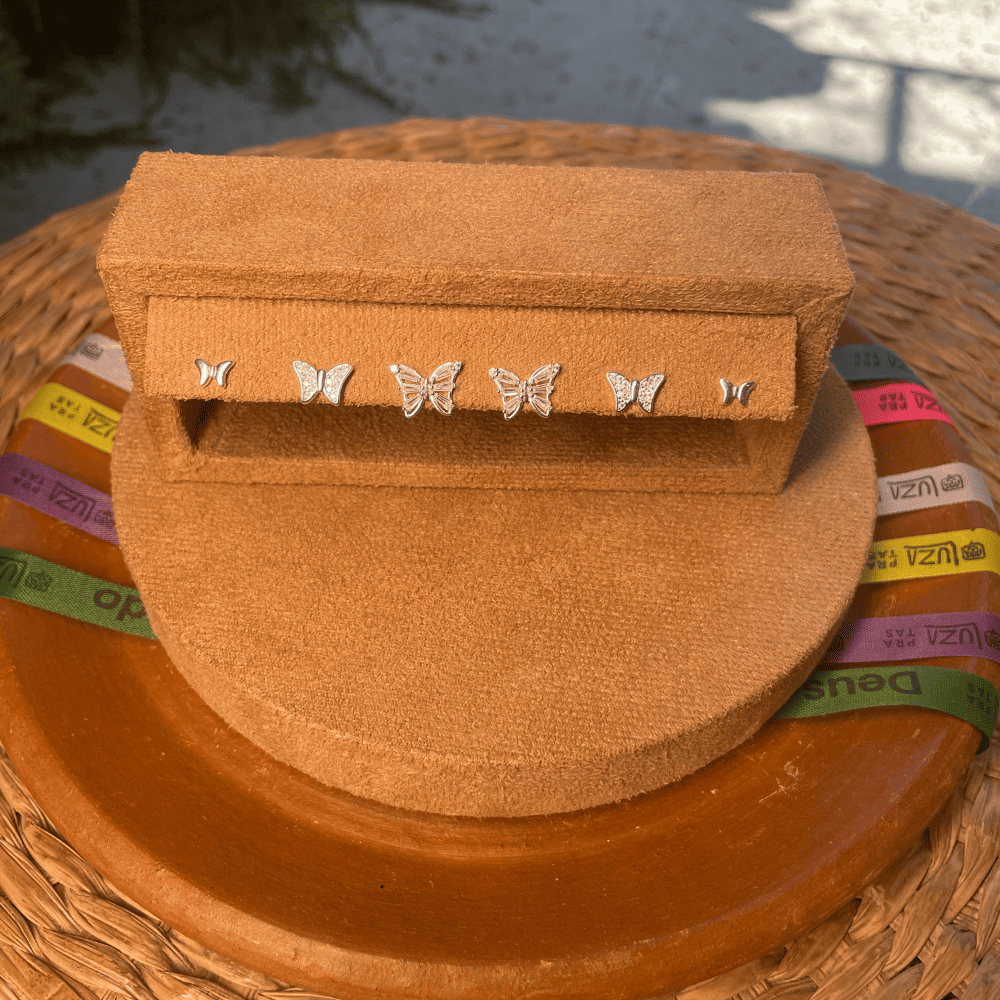 BRINCO TRIO LUZA DE BORBOLETA: NAVETE, CRAVEJADA E LISA EM PRATA 925