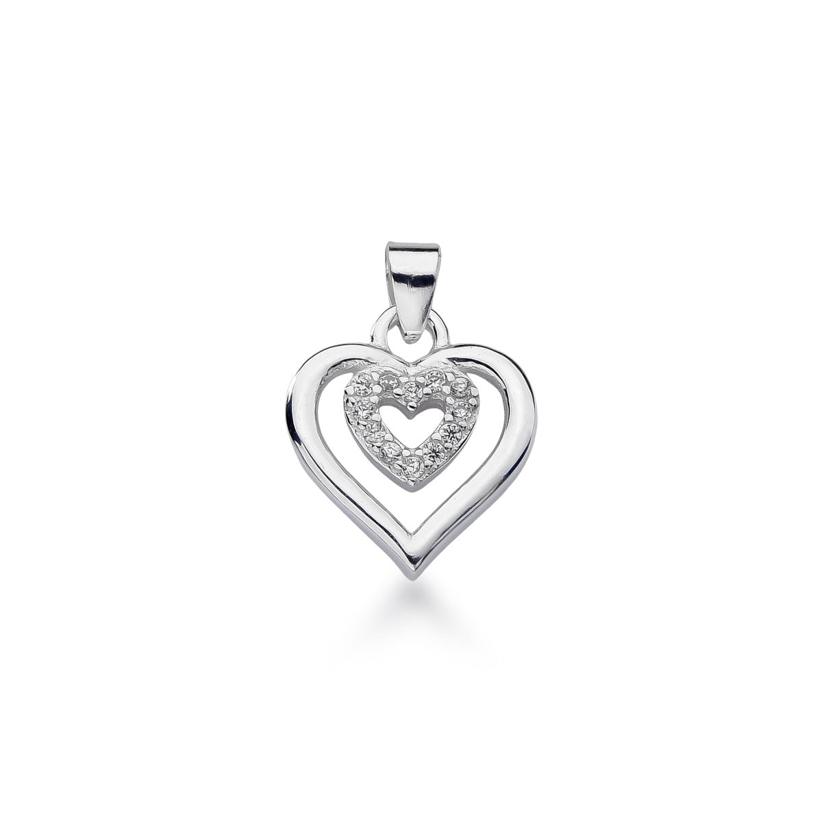 Pingente Coração Liso Luza com Coração Cravejado em Prata 925