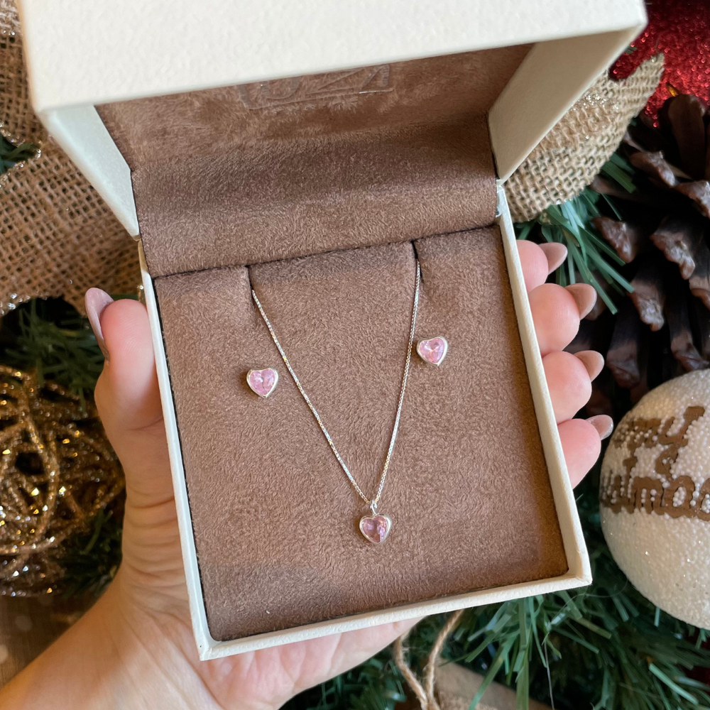 Conjunto Luza Ponto de Luz de Coração Color 6MM Embutido em Prata 925