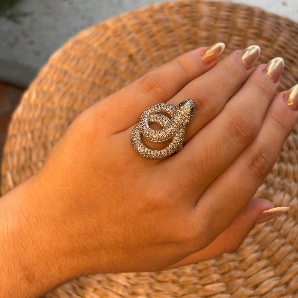 Anel Luza Luxo de Cobra Cravejada de Zirconia em Prata 925