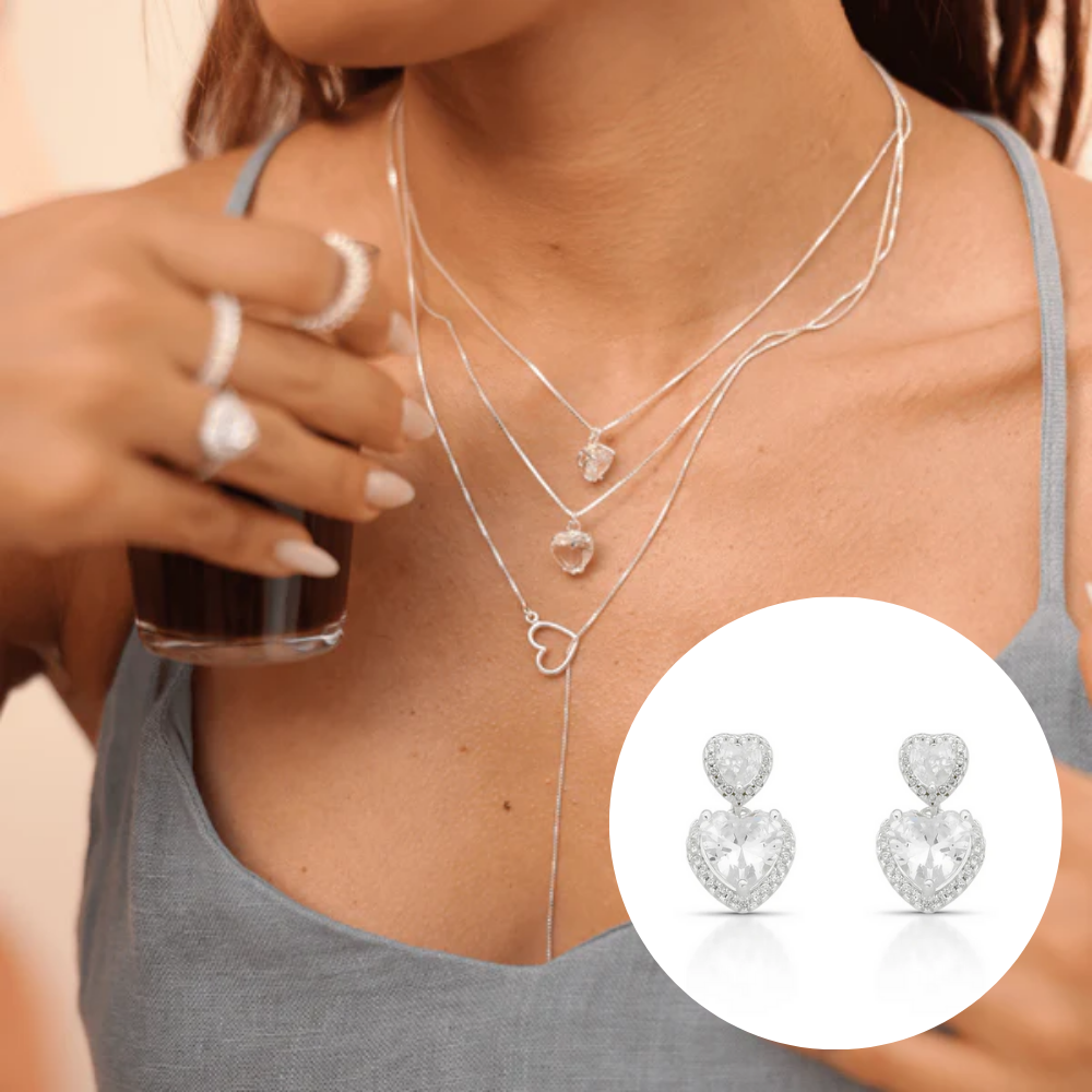 Combo Luza Premium: Colar Duplo de Ponto de Luz de Coração  com Brinco de Corações com Pedra  em Prata 925