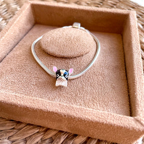 Berloque  Luza Cachorro Esmaltado Preto com Detalhes Rosa e de Zircônia em Prata 925