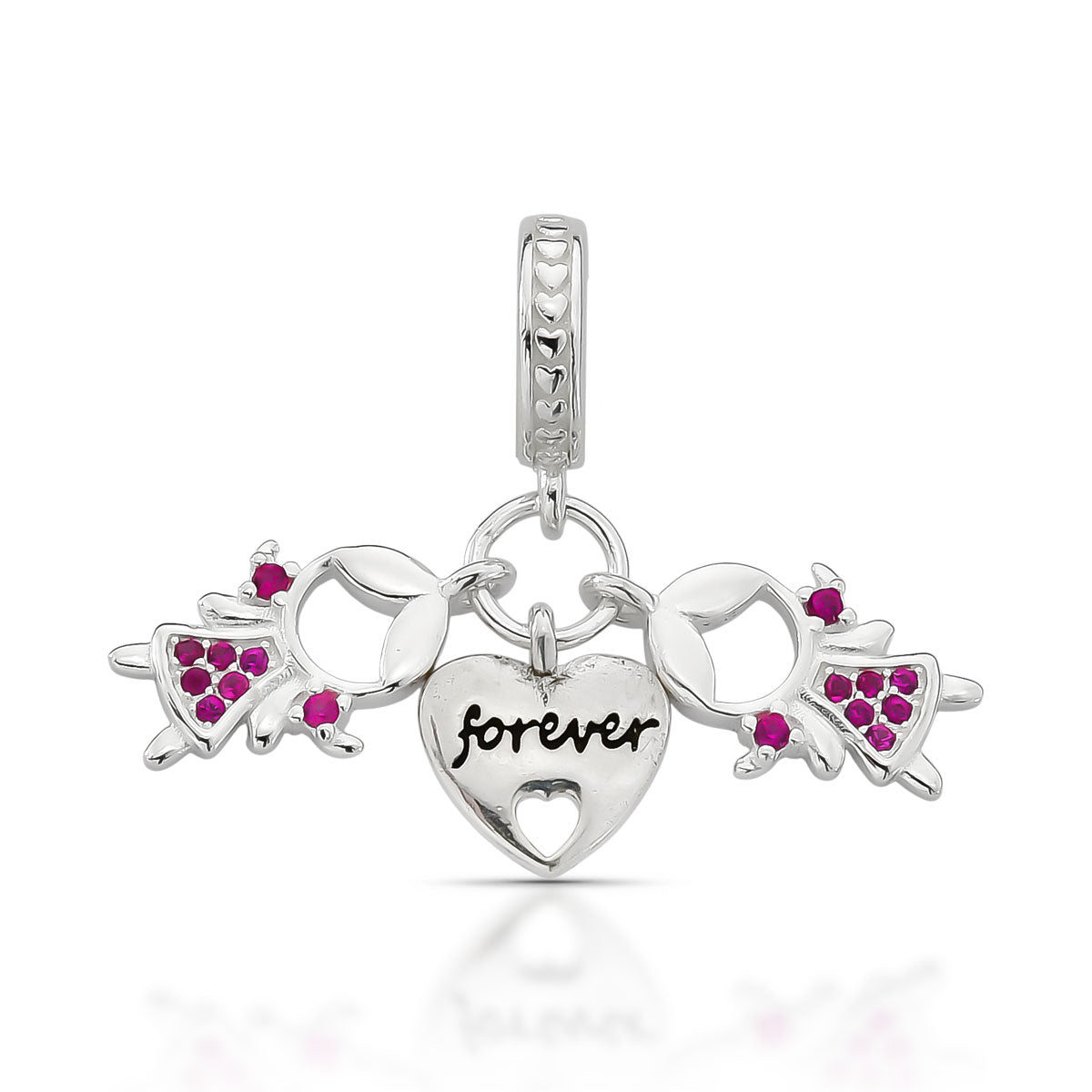 BERLOQUE DE FILHAS MENINAS ROSA E CORAÇÃO FOREVER EM PRATA 925