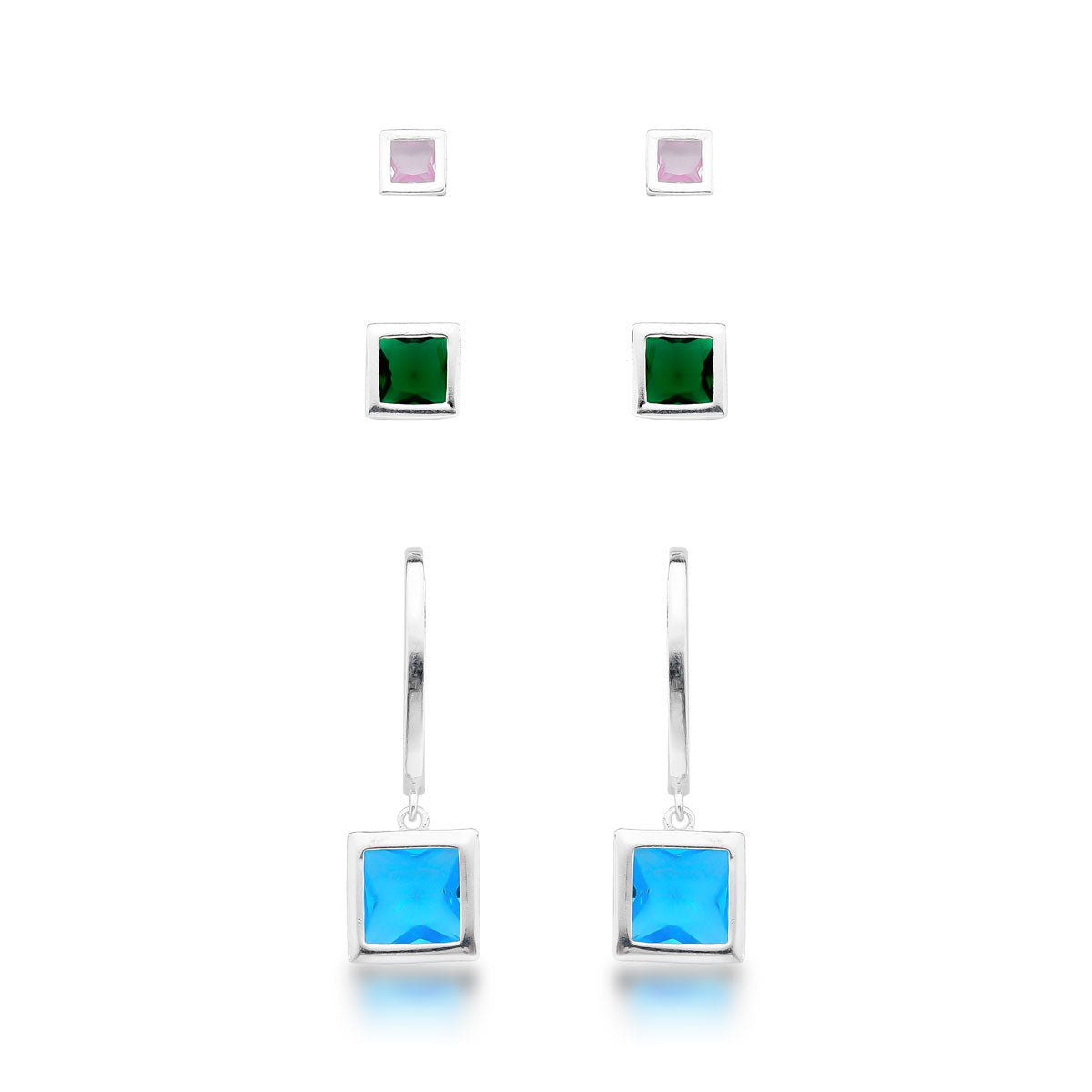 Trio de Brincos Luza Quadrados e Colors em Prata 925