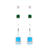 Trio de Brincos Luza Quadrados e Colors em Prata 925